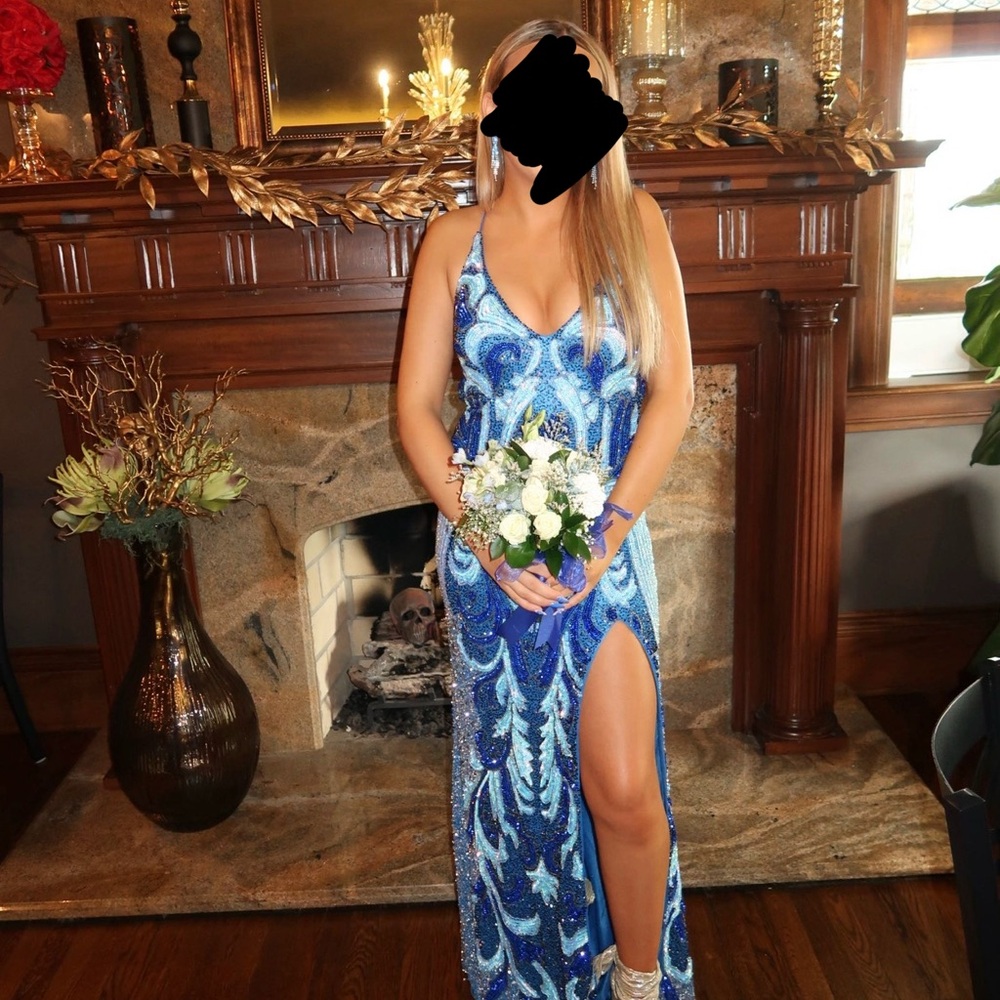 Jasz Couture Blue Sequin Prom Dress with Slit